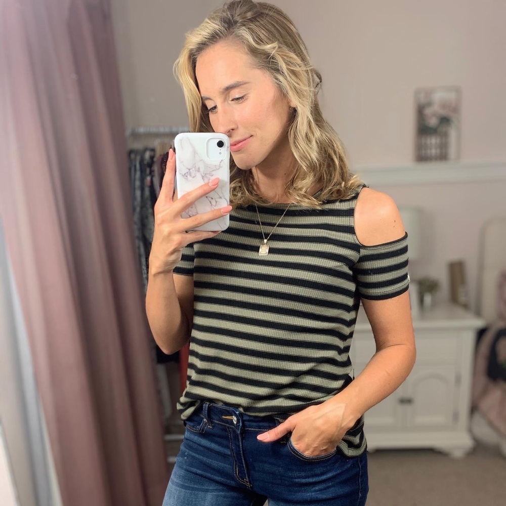 Green/Black Striped Cold Shoulder Top